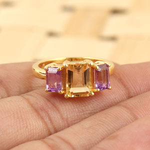 แหวนเงินแท้ 925 ประดับพลอยสามเม็ดทรงเหลี่ยมแบบ Emerald Cut ชุบทองวินเทจ พร้อมพลอย Citrine และ Amethyst แท้ สำหรับงานแต่งงานและงานปาร์ตี้ - Product Image 1