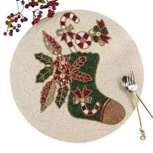 Posavasos pequeño Merry Christmas Tree posavasos con cuentas blancas y verdes para Bar en casa Posavasos con cuentas de inspiración vintage - Product Image 1