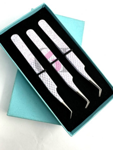 Meilleure qualité revêtement en poudre blanche avec des paillettes roses 45 & 90 degrés pince à épiler extension de cils Silver Tip Beauty Instruments - Product Image 4