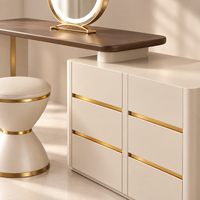 Ensemble de coiffeuse de luxe avec miroir rond LED, armoire à 6 tiroirs, tabouret, taille et couleur personnalisables, garantie de 2 ans pour chambre d'hôtel