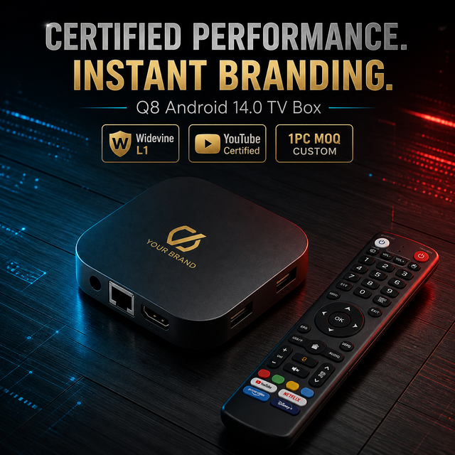 Q8 Android 14 TV Box S905Y4 4GB 32GB 4K WIFI BT Widevine L1 1pc MOQ Custom Logo DIY UI Layout Pre-install App TV CMS OEM ODM Box
