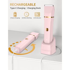 Rasoir électrique rechargeable rose pour femme, utilisation humide/sèche, tondeuse nez et corps, étanche IPX7, station de charge USB, lavable pour la zone du bikini - Product Image 5