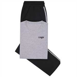 Conjunto de pijama de camiseta lisa gris | Conjunto de salón tejido de algodón 100% | Ropa de dormir cómoda con camiseta de cuello redondo y pantalones de cintura elástica - Product Image 1