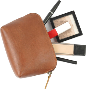 Bolsa de maquillaje, bolsa de cosméticos PU de cuero, bolsa de maquillaje de viaje portátil para mujer con cierre de cremallera en marrón - Product Image 2