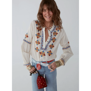 Martina Floral Print <b>Blouse</b> Ecru <b>Satin</b> Linen Loose Fit XL Size Custom Logo for Summer Daily Use - Product Image 3