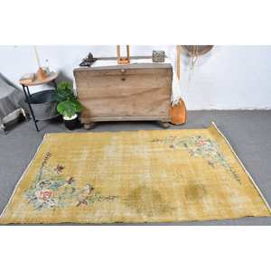 Alfombra de lana amarilla de 3,9x6,6 pies Vintage, alfombra turca clásica de área grande, patrón de retazos de látex para sala de estar, pasillo para adolescentes - Product Image 1