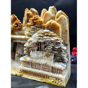 Sculpture de paysage en jade jaune style Shoushan, montagne et eau, chef-d'œuvre de Feng Shui Shanshui, poids 5520 g, décoration intérieure - Product Image 4