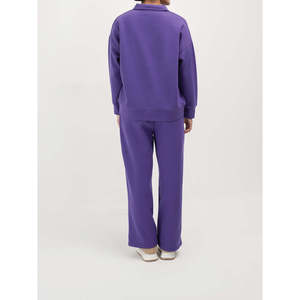 Conjunto de 2 piezas de forro polar morado liso para mujer, top de manga larga con cremallera y pantalones de pierna ancha, estilo urbano, uso diario, ajuste holgado, todo bordado. - Product Image 5