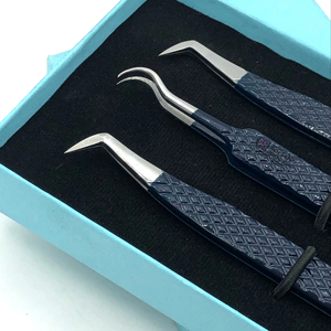 Wholesale Double Curved Dark Blue Powder Coating Boot Volume Diamond Grip Eyelash Extension Tweezers Custom Logo Beauty Tools - Product Image 1