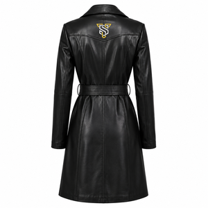 Manteau long en cuir noir pour homme avec logo brodé, ceinture à la taille, col rabattu, manches classiques - Product Image 3