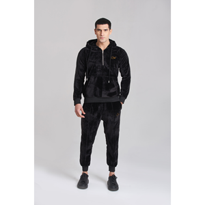 Survêtement à capuche en velours noir uni pour hommes - Product Image 5