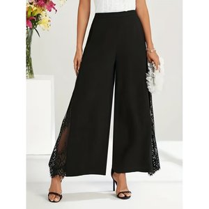 Pantalon en crêpe importé à taille haute pour femme avec bordure en dentelle sur le côté, 36837 - Noir - Product Image 4