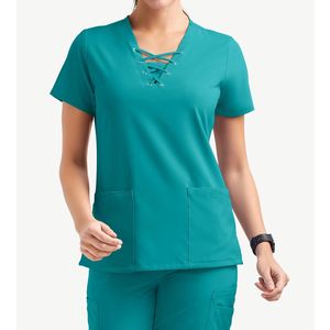 Ensemble de gommage de santé pour dames Chemise à deux poches Pantalon à taille élastique Infirmière Uniforme médical Logo personnalisable Vente en gros Ensemble de gommage en vrac - Product Image 2