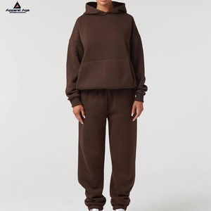 Venta al por mayor invierno 100% algodón mujeres Conjunto personalizado algodón polar gran tamaño cuello redondo sudadera y Jogger conjuntos mujer chándal - Product Image 2