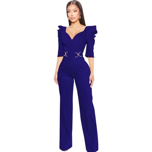 Col en v solide décontracté longues combinaisons dames élégant haute salopette ceintures lâche une pièce vêtements d'été automne saut costumes en gros - Product Image 6