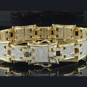 14K Yellow Gold Plated Men's <b>Bracelets</b> 3.75 Ctw Real Moissanite Bangle Link 8.5 Inches - Product Image 2