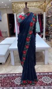 Sari Georgette azul con secuencia y trabajo de hilo de bordado múltiple Estilo pakistaní Ropa de boda y fiesta - Product Image 3