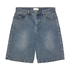 Short décontracté de haute qualité Short en denim brut lavé en détresse Vintage broderie strass Double taille Jean Shorts pour hommes - Product Image 5