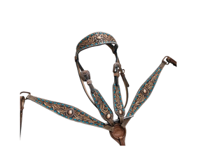 Ensemble de harnais en cuir travaillé bleu sarcelle avec conchos en cuivre brossé, tête de cheval, collier de poitrail, bride de cheval, tailles complètes/cob - Product Image 1