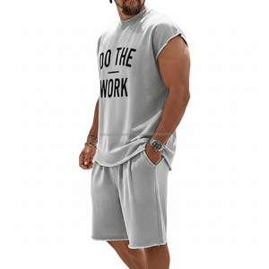 Conjunto Deportivo Personalizado Unisex para Gimnasio, Camiseta sin Mangas con Borde Crudo, Pantalones Cortos, Traje de Entrenamiento Holgado, Ropa Deportiva Ligera 2 - Product Image 2