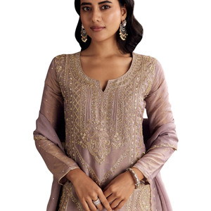 Vente en gros de tissu lavande Zardosi brodé Kurta Set avec organza Dupatta pour tenue de fête de mariage et occasions ethniques personnalisées - Product Image 2