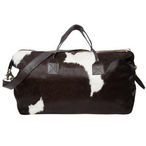 Sac de voyage en cuir de vachette chocolat et blanc à la mode avec fermeture à glissière - Product Image 1