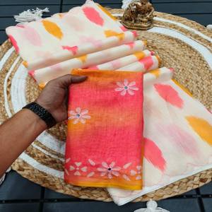 Saree de lino suave y pesado de primera calidad con impresión digital multicolor y trabajo Arco en una pieza de blusa a juego perfecta - Product Image 3