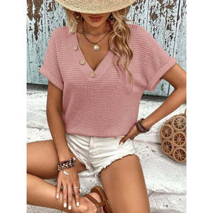 เสื้อเบลาส์ผ้าถักคอวีแขนสั้นผู้หญิง 36662 -สีชมพู - Product Image 3