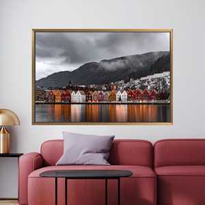 Printed <b>Canvas</b> Artwork: Norwegian Waterfront Scene with Moody Scandinavian Charm,1P:Gold <b>Framed</b> - Product Image 1