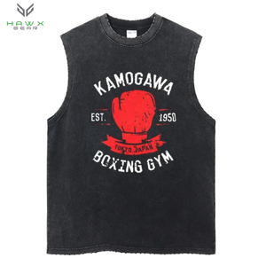 Vêtements de gym personnalisés pour hommes, gilet gris 100% coton délavé, débardeur découpé à impression numérique, t-shirt sans manches, tissage tricoté - Product Image 4