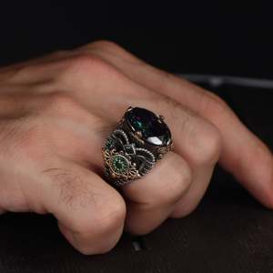 Anillo Azuris de Plata de Ley 925 de Alta Calidad, Estilo Otomano, para Hombre, Joyería de Moda, Piedra Negra Natural, Hecho en Turquía, VALKH1655 - Product Image 1