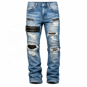 Jean en denim léger pour homme, coupe droite, style vintage, avec rivets et broderies, 100 % coton écologique, de la collection High Street Custom. - Product Image 1