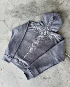 OEM Custom 100% high quality <b>Men</b> Vintage Cross Embroidered Washed <b>Hoodie</b> Cotton Fleece 360 gsm - Product Image 6