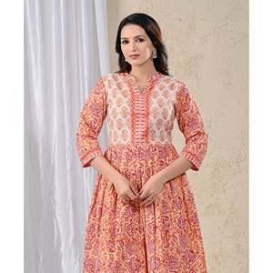 Conjunto de Kurta y Pantalón de Algodón Étnico Elegante para Mujer, Estampado Floral Jaal Amarillo y Rojo, Ropa de Fiesta para Ocasiones Especiales - Product Image 1