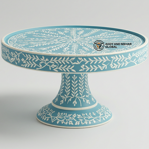 Base de Pedestal con Incrustaciones de Hueso Azul Cielo, Plato de Exhibición de Pasteles y Postres Hecho a Mano - Product Image 6