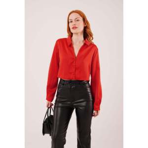 Lustrin Women's <b>Red</b> Satin Crop <b>Blouse</b> Shirt, Elegant Short Sleeve Top for Wholesale, Stylish Polyester Elastane Fabric - Product Image 1