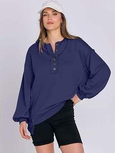 Oversized <b>Womens</b> Hooded <b>Navy</b> Blue Long Sleeve Button Front Soft Casual Sweatshirt Comfortable Loose Fit Everyday Wear - Product Image 4