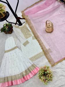 Ensemble Sharara Gharara Salwar Kameez indien, broderie traditionnelle, tenue de soirée d'hiver, ensemble ethnique prêt-à-porter en georgette, 3 pièces - Product Image 4