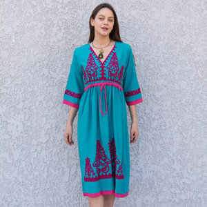 Attrayant Boho Style Broderie Maxi Robe 100% Coton 3/4 Manches Genou Longueur Taille Naturelle Tissé Dames Maxi Robe - Product Image 1