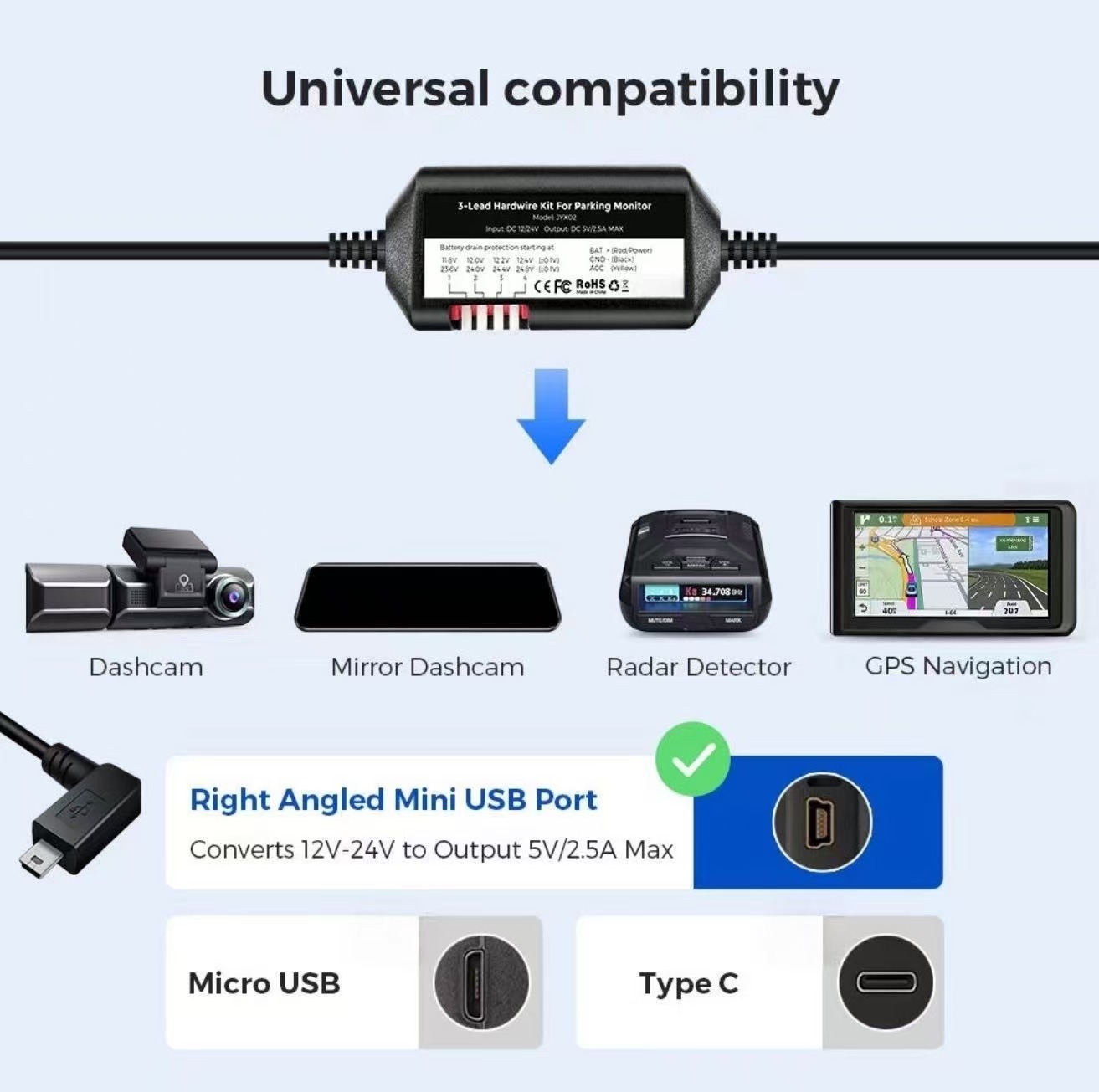 OEM ACC Dash Cam Hardwire Kit 24H Parking Monitor Low Vol Protection Car Dash Cam Power Cable 5V 2A kit Fits for 70Mai Hikvision · image 3