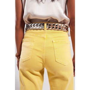 Jean large jaune soleil taille haute avec ceinture décorative en denim respirant teint uni coupe ample 2XL XL pour l'été et l'hiver - Product Image 1