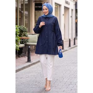 Túnica Azul Marino de Popelina para Mujer, Camisa Casual con Cuello, Estampado de Moda en Algodón, Botones, Cintura Fruncida, Holgada para Otoño, Talla XL - Product Image 1