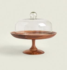 Antique Acacia wood <b>cake</b> <b>stand</b> with <b>glass</b> lid - Product Image 6