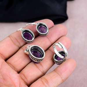 Améthyste naturelle 925 argent Sterling fait à la main Designer personnalisé boucle d'oreille pendentif bel ensemble pour les femmes - Product Image 4