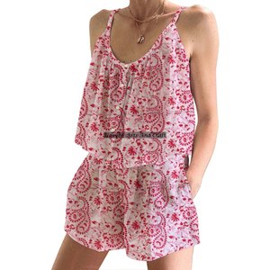 Conjunto de Pijama Corto de Algodón de Moda Urbana Bohemia para Mujer, Primavera/Verano, Floral, Ajustado, con Tirantes, Sin Mangas - Product Image 6