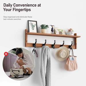 <b>Coat</b> Rack Wall Mount with Shelf, Wood Wall Hooks with Storage, Entryway Shelf with 5 Hangers for Bathroom, Living Room, Bedroom - Product Image 2