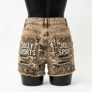 Shorts de mezclilla premium beige para hombre, 380 GSM, algodón grueso, dobladillo sin rematar, estilo urbano, con logo estampado, shorts de mezclilla con lavado ácido para mujer - Product Image 2