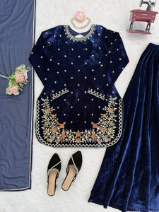 Elegante Salwar Kameez de Terciopelo Viscosa, Top de Trabajo, Pantalones Plazzo Elásticos y Dupatta con Borde de Encaje para Fiesta, Tallas M, L, XXL, XXXL - Product Image 6