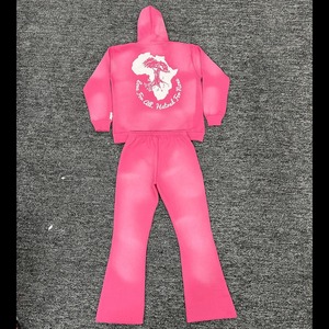 Ensemble de survêtement hiver Terry 100% Coton, couleur unie délavée au soleil, avec sweat à capuche et pantalon de survêtement évasé à imprimé numérique - Product Image 4