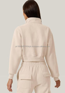 Womens Half Zip Crop Sweatshirt High Neck Long Sleeve Pullover Cropped <b>Top</b> - Product Image 3